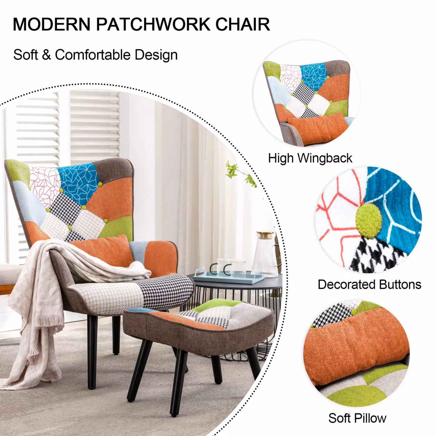 HomeMiYN Mid-Century Patchwork Fabric Single-Seater Sofa with Ottoman in Orange and Brown – 4