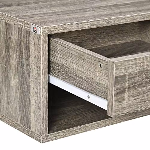 HOMCOM Set of 2 Wall Mounted Floating Nightstands with Drawer and Open Shelf in Grey – 4