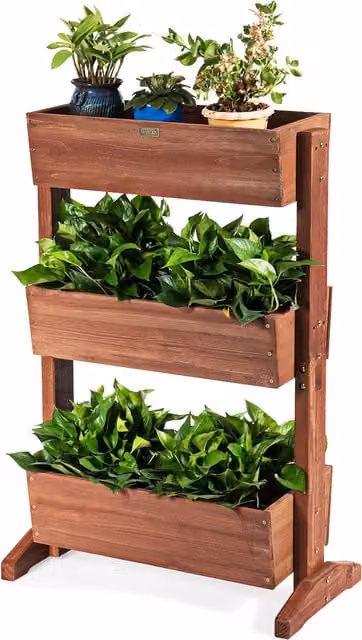 Costway 3 Tier Brown Wooden Flower Rack and Garden Planter