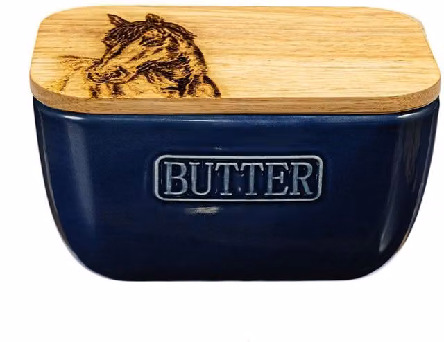 Selbrae House Blue Ceramic Butter Dish with Horse Portrait – 1