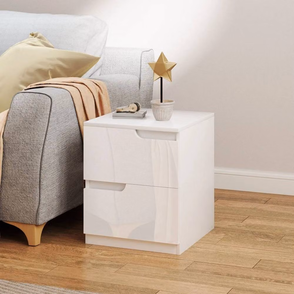 KORVIXA Modern Glossy White Bedside Table with 2 Drawers – 2