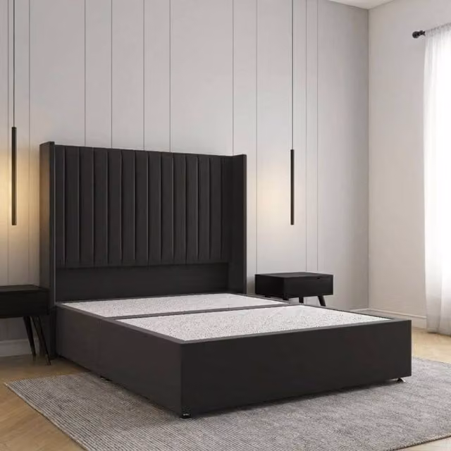 Regional Furnishings Plush Velvet Double Divan Bed Base with 54 inch Headboard in Black, W/D/H: 140 x 200 x 30.48 cm