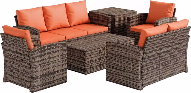 Outsunny 6 Piece Rattan Garden Furniture Set with Orange Cushions and Storage Tea Table – 1