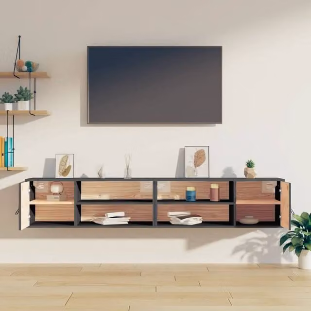 Berkfield Home Set of 2 Grey Solid Wood Pine Wall Cabinets W/D/H: 80 x 30 x 30 cm