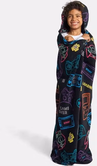 OHS Kids Black Fleece Gaming Wearable Hooded Blanket with Sleeves – 1