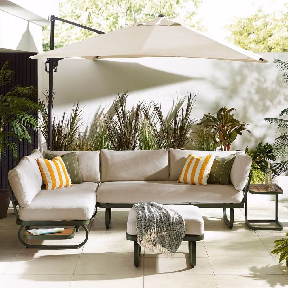 FurnitureboxUK Capri Green Metal and Cream Garden Corner Sofa Set with Ottoman and Coffee Table – 2