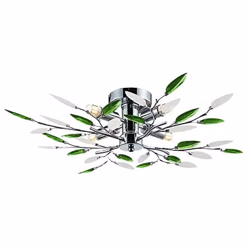Happy Homewares Modern Chrome Semi Flush Ceiling Light with Green and White Acrylic Leaves, Diameter: 60 cm – 1