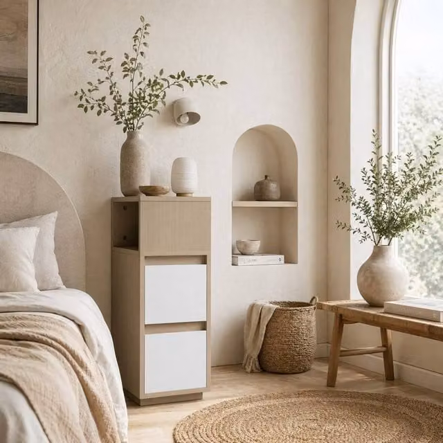 Wyld Haus Noyo Slim Bedside Table in Natural Wood Finish with 2 Drawers and Open Shelf – 1