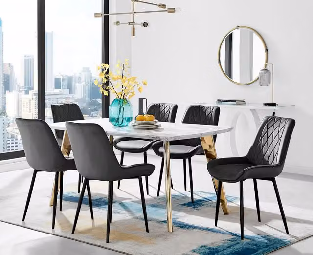 FurnitureboxUK Andria Gold Leg Marble Effect Dining Table and 6 Pesaro Black Leg Chairs in Black and Gold