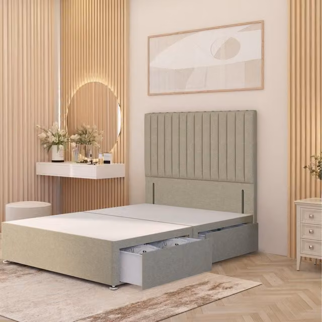 Somnior Beds Ltd Verona Divan Bed Base with Floor Standing Headboard in Beige Linen Fabric, Double, W/D/H: 140 x 200 cm