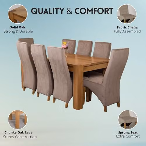 Thats Furniture Kuba Oak Dining Table and 8 Lola Grey Fabric Upholstered Chairs Set, W: 180 cm, D: 90 cm, H: 78 cm – 2