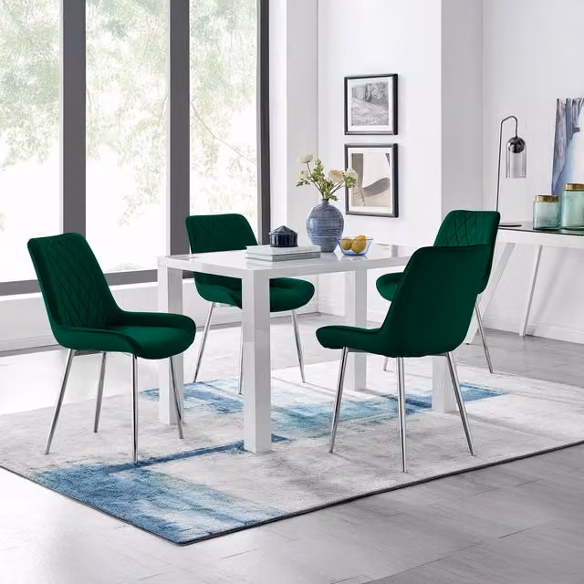 FurnitureboxUK Pivero 4 White Rectangular Dining Table and 4 Pesaro Silver Leg Chairs in Green