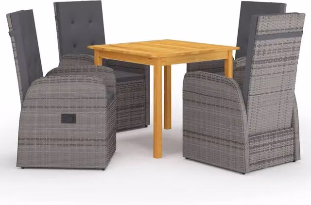 Berkfield Home 5 Piece Grey Poly Rattan Garden Dining Set with Acacia Wood Table and Polyester Cushions – 1