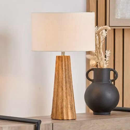 Ruma Mango Wood Textured Cone Table Lamp in Natural Sand and Brown