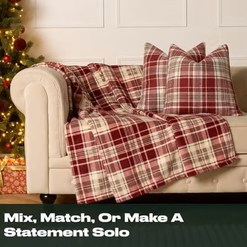 OHS Woven Check Tartan Cushion Covers, Pack of 4, Red, W/D/H: 45 x 45 x 45 cm – 4