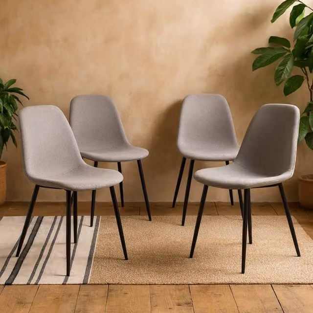 Wyld Haus Venice Set of 4 Grey Fabric Dining Chairs with Black Metal Legs H 84 cm x W 44.5 cm x D 56 cm