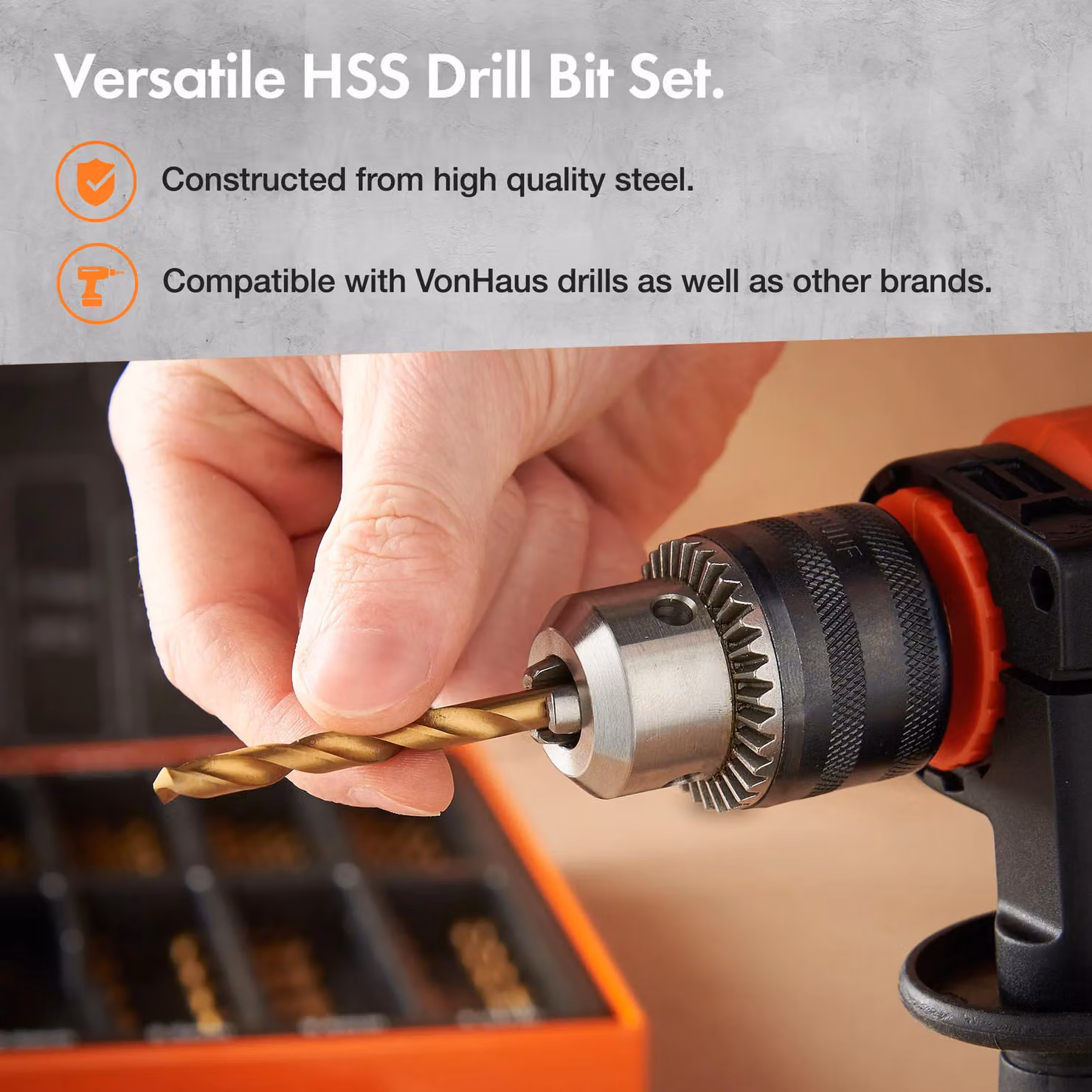 VonHaus 99 Piece HSS Titanium Coated Metal Drill Bit Set with Orange Carry Case – 4