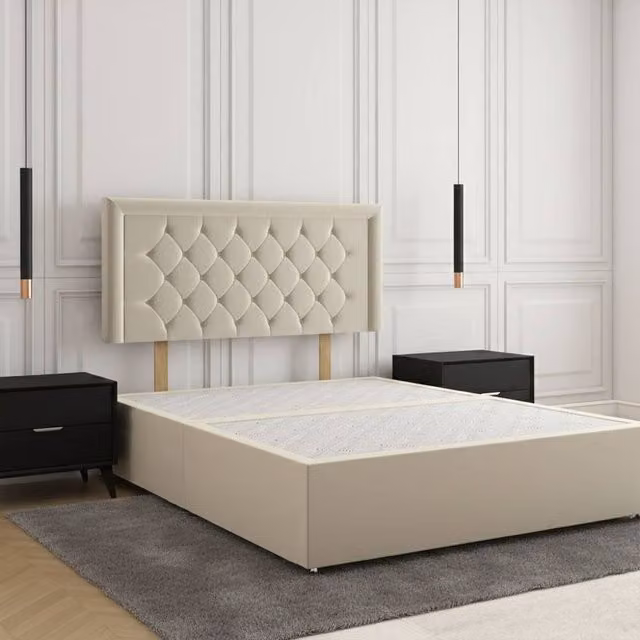 REGIONAL FURNISHINGS Plush Velvet Divan Bed Base with 24 inch Headboard in Beige, King Size (W: 180 cm, D: 200 cm)
