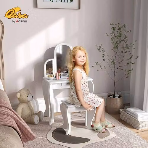 HOMCOM Kids Dressing Table and Stool with Mirror and Drawer, White, W/D/H: 85 x 32 x 32 cm – 2
