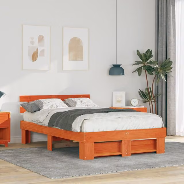 Berkfield Home Solid Pine Wood Bed with Headboard, Brown, W: 135 cm, L: 190 cm – 1