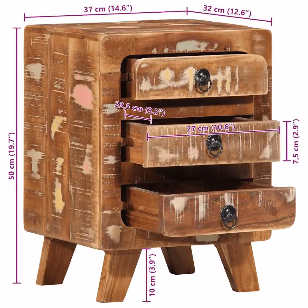Berkfield Home Rustic Reclaimed Solid Wood Bedside Cabinet in Brown and Multicolour, W/D/H: 37 x 32 x 50 cm – 6