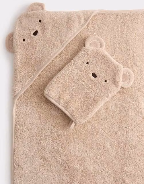 M&S 2-Piece Pure Cotton Bear Hooded Towel and Wash Mitt Set, Grey