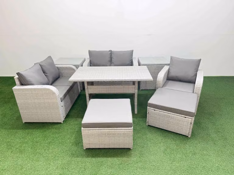 Fimous Grey Poly Rattan Garden Furniture Set with Reclining Chair, Loveseat Sofa, Rectangular Glass Dining Table and 2 Stools