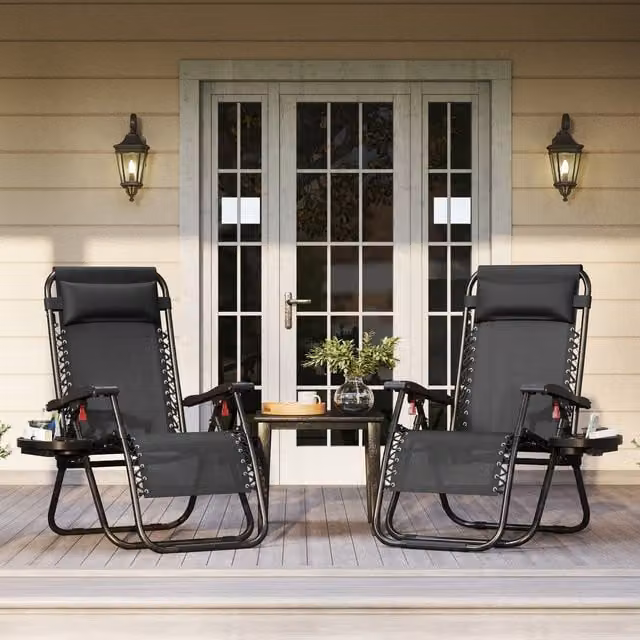 Yaheetech Set of 2 Black Foldable Zero Gravity Lounging Chairs with Adjustable Headrest and Side Tray