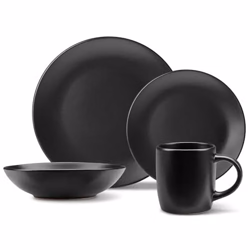 VonShef 16 Piece Matte Black Stoneware Dinner Set for 4, including Dinner Plates (Diameter: 28 cm), Side Dishes (Diameter: 21 cm), Bowls (Diameter: 16 cm) and Mugs, Dishwasher and Microwave Safe – 1