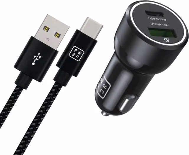 PW3R Dual Port Car Charger with Black Nylon Braided USB-A to USB-C Cable, Length: 10 cm