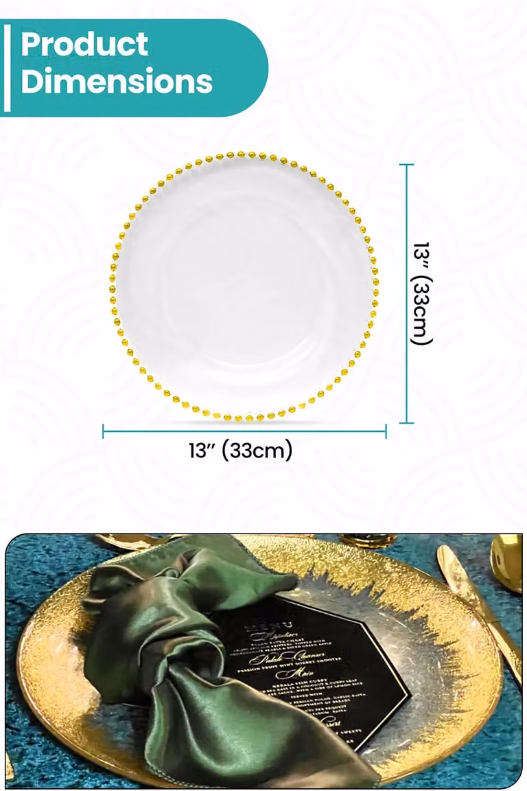 Neel Blue Set of 12 Gold Beaded Glass Charger Plates, Diameter: 33 cm