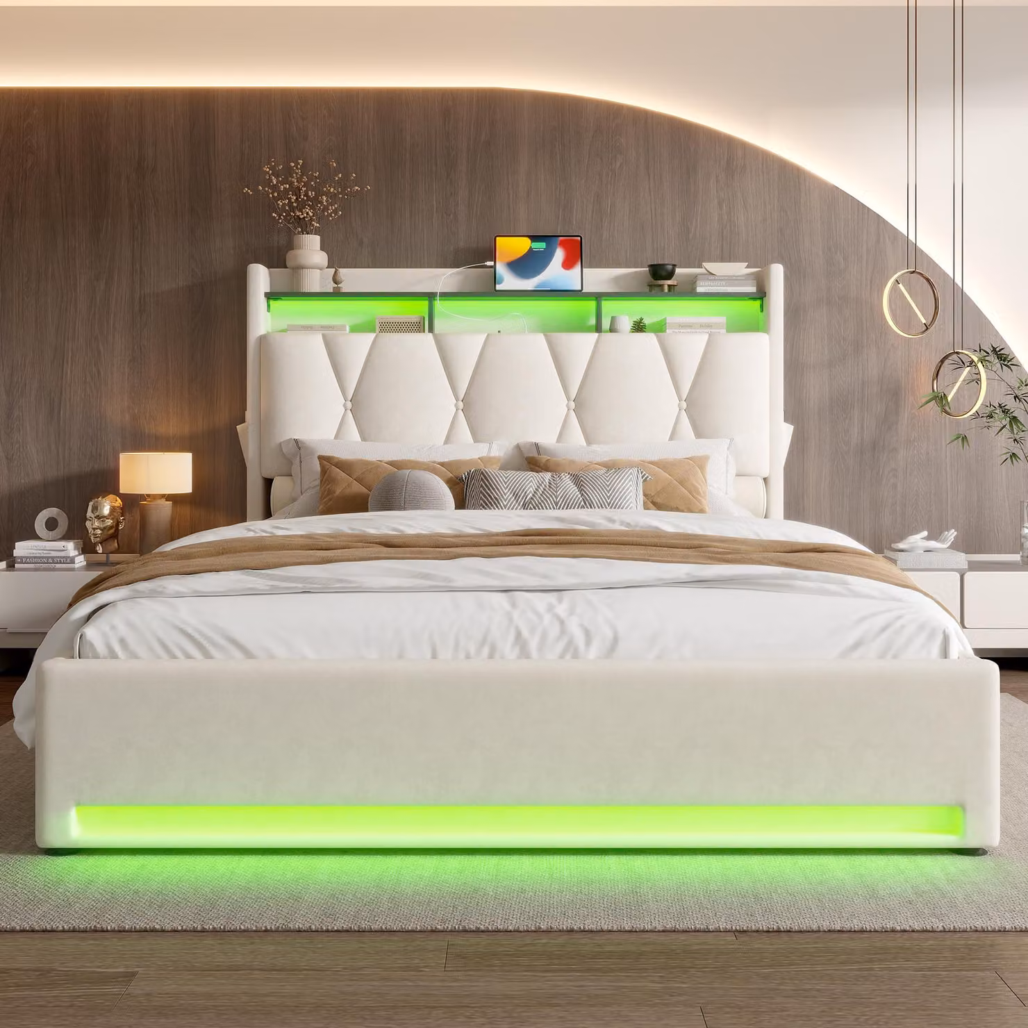 Aosom UK Beige Upholstered Velvet Platform Bed with Hydraulic Storage and USB Charging Port, W: 143 cm, D: 211 cm, H: 116.5 cm – 6