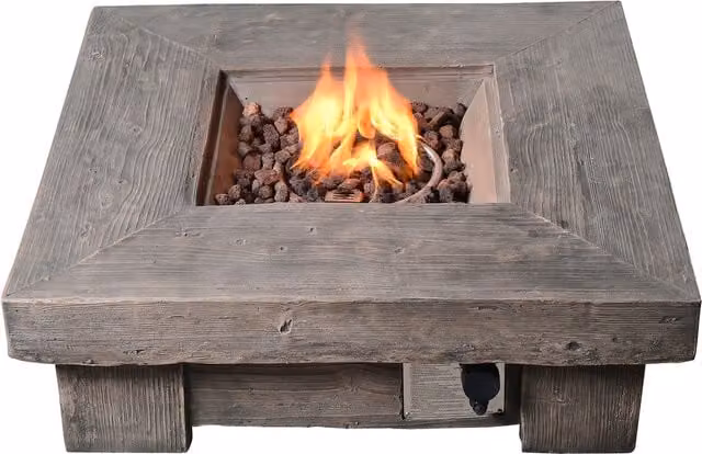 Teamson Home Large Outdoor Square Gas Fire Pit Table with Lava Rocks in Brown and Grey