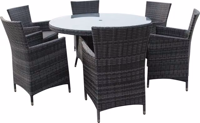 Furniture One 7 Piece Modern Grey Rattan Garden Dining Set with Cushions, Including 1 Round Table and 6 Chairs
