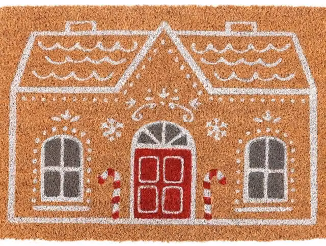 KDMK Christmas Gingerbread House Coir Doormat with Candy Cane Accents, Multicolour and Brown