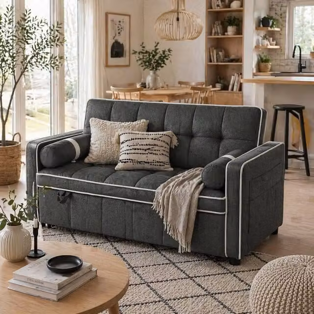 Wyld Haus Tapa 2 Seater Click Clack Sofa Bed in Charcoal Grey with White Trim, W/D/H: 138.5 x 86.0 x 87.0 cm, Mattress Size: 140 x 190 cm