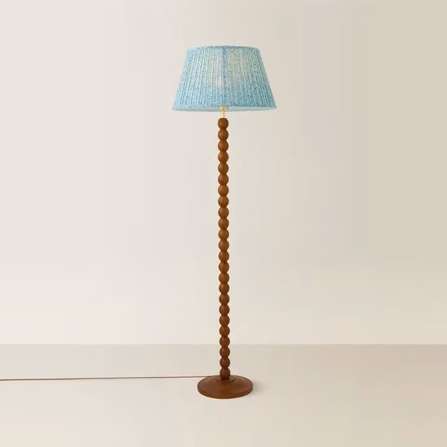 ValueLights Mid-Century Bobbin Printed Pleated Floor Lamp with Wooden Base in Brown and Blue