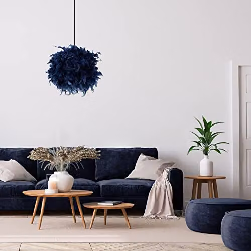 Happy Homewares Modern Blue Real Feather Decorated Sphere Pendant Light Shade – 3