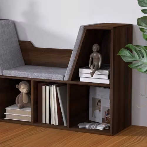 HOMCOM Six-Cube Bookcase Storage Shelf with Cushioned Reading Seat, Brown, W/D/H: 102 x 30 x 61 cm – 6