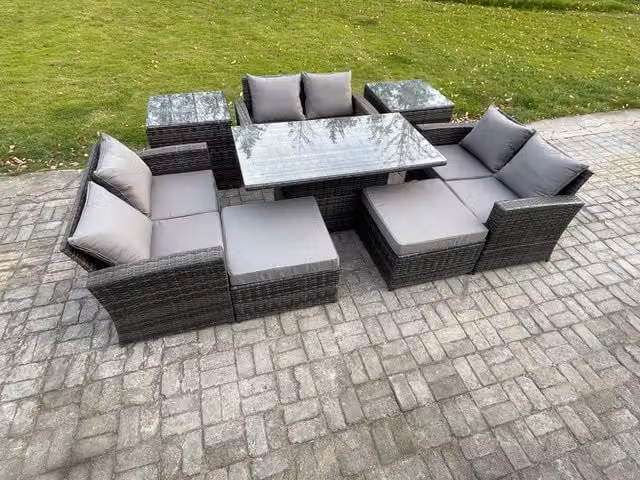 Fimous Wicker Rattan Garden Furniture Set with Height Adjustable Rising Lifting Table and Double Seat Sofa in Dark Grey