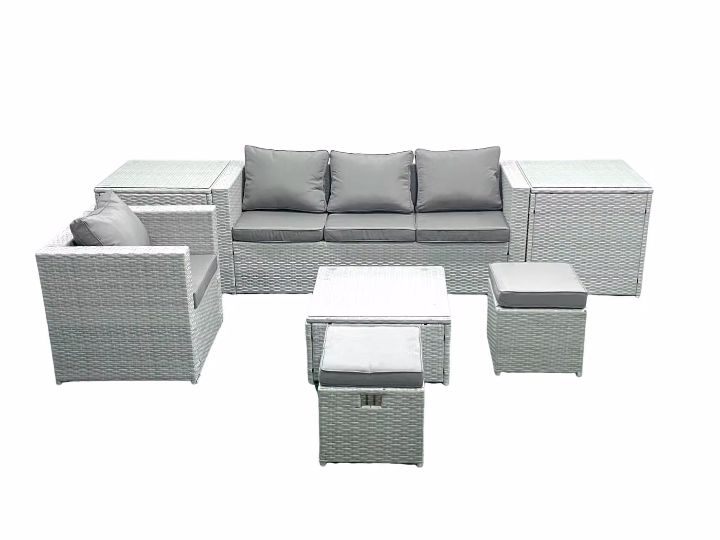 Fimous Garden 6 Seater Rattan Outdoor Furniture Set in Light Grey with Armchair, Ottoman, Coffee Table and Side Tables – 2