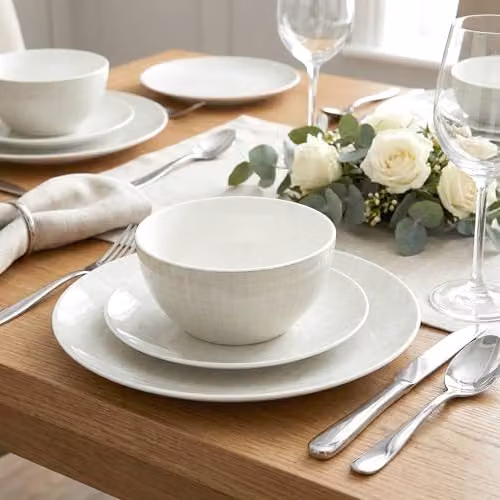 Waterside 12-Piece White Porcelain Linen Design Dinnerware Set – 2
