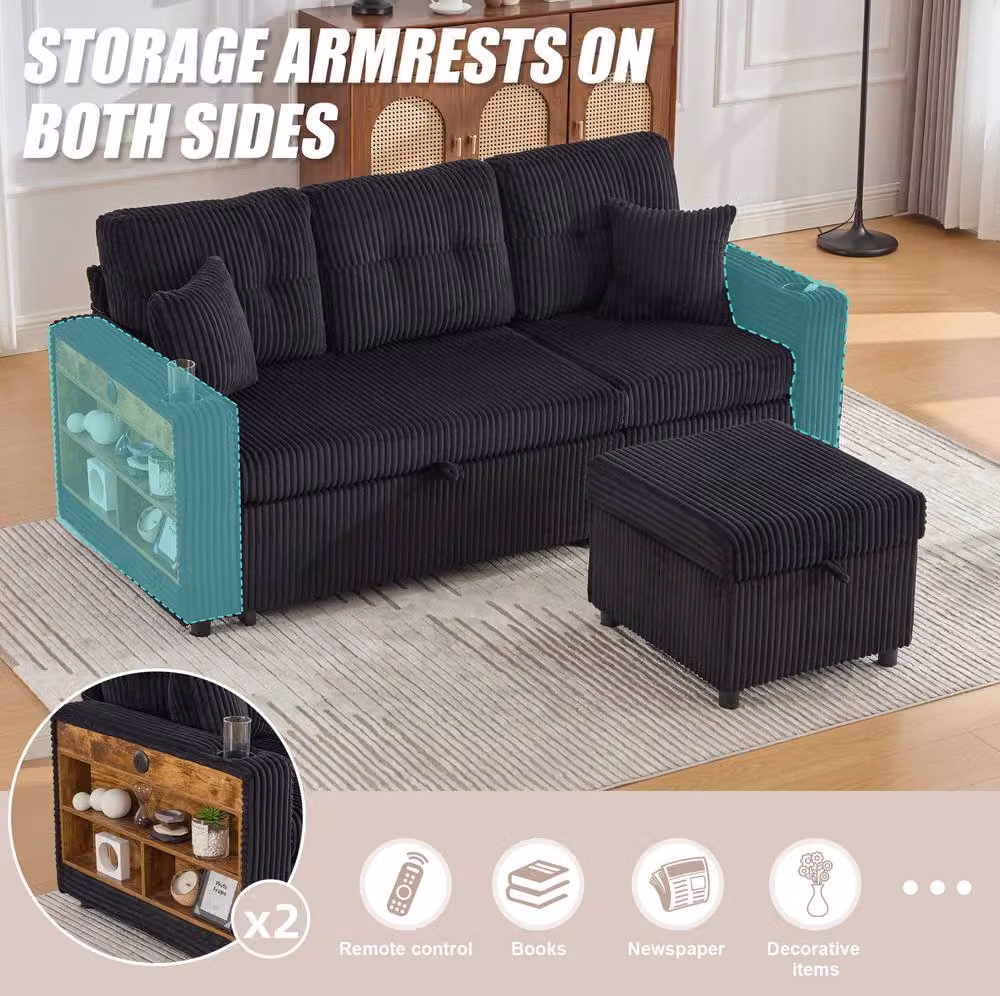 STILVORA Black Corduroy Sofa Bed with Storage and USB Charging – 4