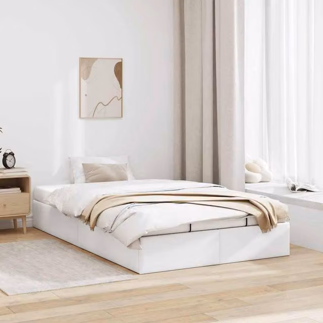 Berkfield Home Double Ottoman Bed Frame in White Faux Leather with Lift Up Base, W/D/H: 140 x 200 x 135 cm