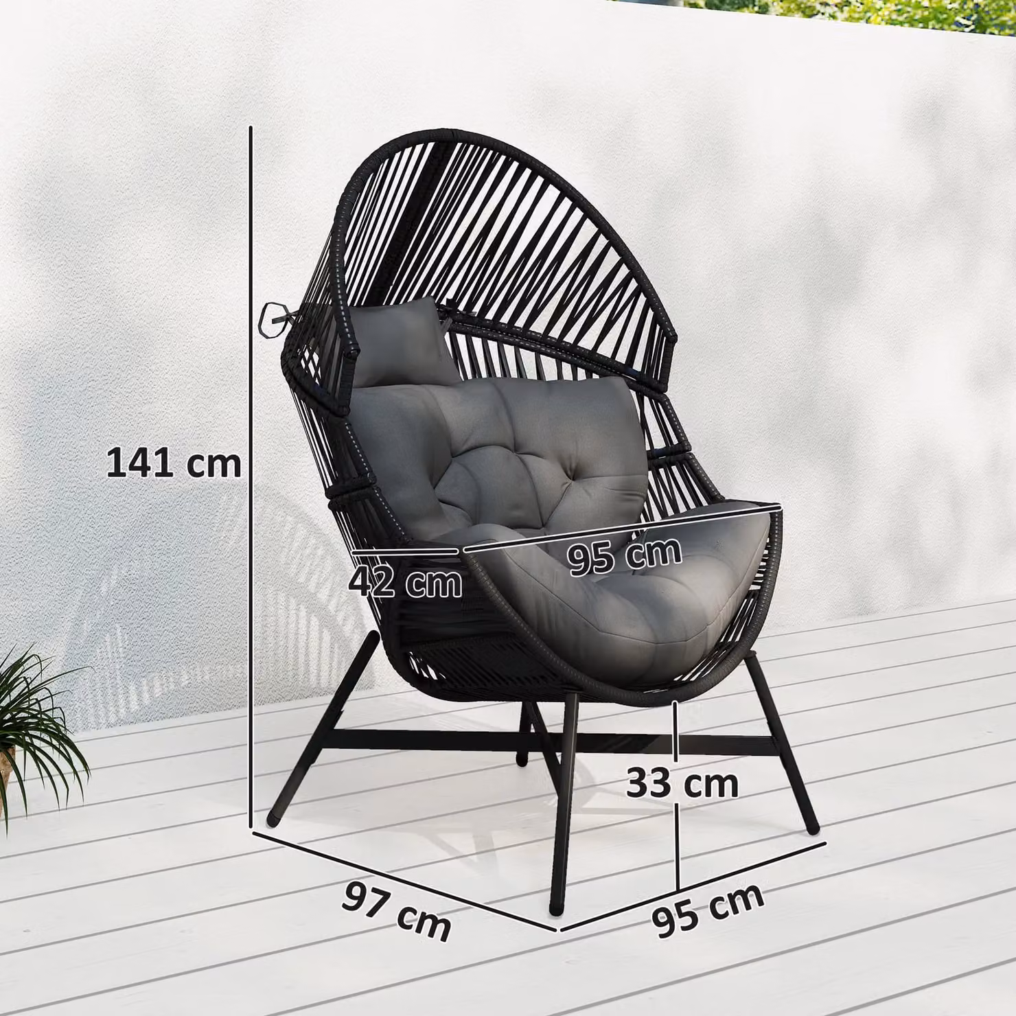 OUTSUNNY Standing Rattan Garden Egg Chair with Headrest, Charcoal Grey – 3