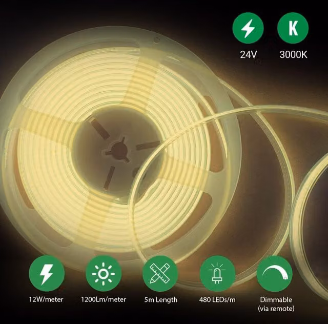 ENER-J COB LED Strip Light Kit, 5m, 24V, 3000K Warm White, Dimmable with UK Plug