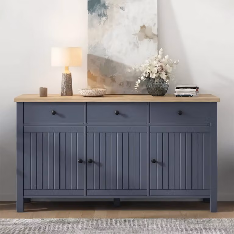 DHS Blue and Black Lacquered 3 Door Sideboard with Drawers and Wood Top W/D/H: 135 x 43 x 81 cm