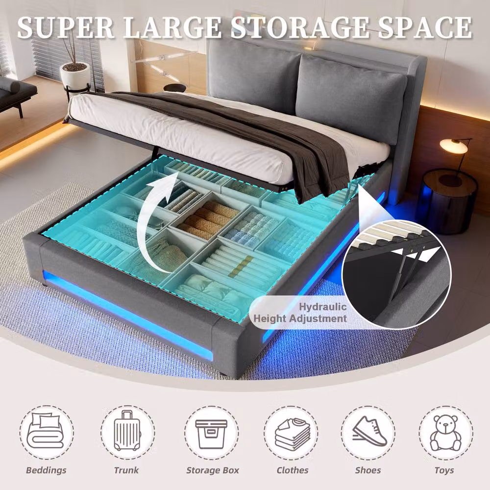 Direct Wicker King Size Velvet Upholstered Storage Bed Frame with Hydraulic Lift System and Integrated USB Charging Port, Bedside Shelf and Reading Light, Dark Grey, W/D/H: 180 x 200 cm – 3