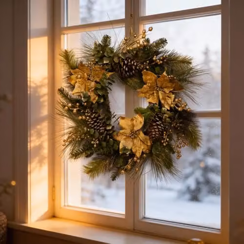 SHATCHI 60 cm Christmas Wreath with Gold Berries, Poinsettia, Eucalyptus Leaves and Pine Cones – 6