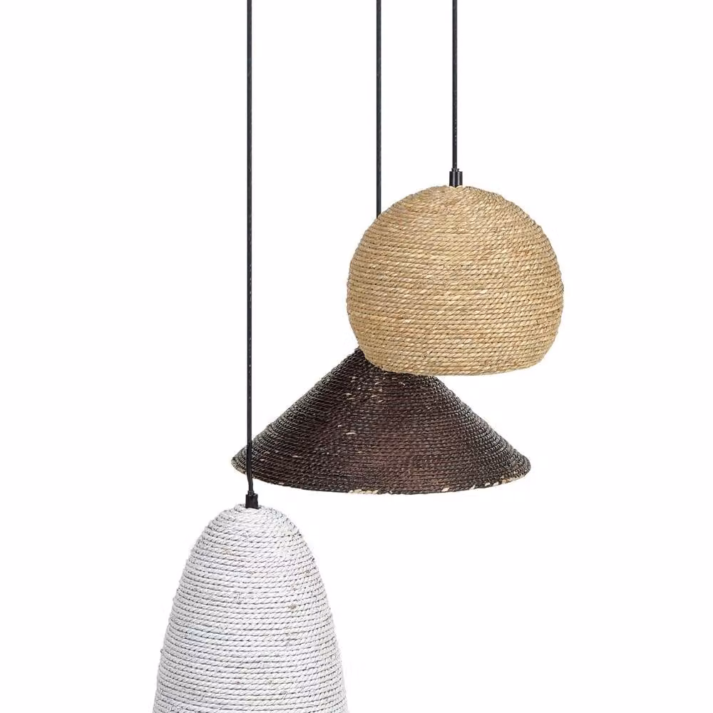 Wyld and Coco Multicolour Boho 3-Light Pendant Lamp with Iron Frame and Straw Rope in White – 2